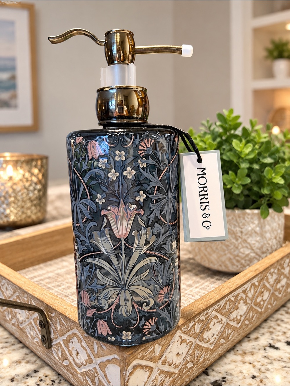 William Morris & Co Floral Glass Hand Soap Dispenser - Sage & Sea Salt 16 oz NEW